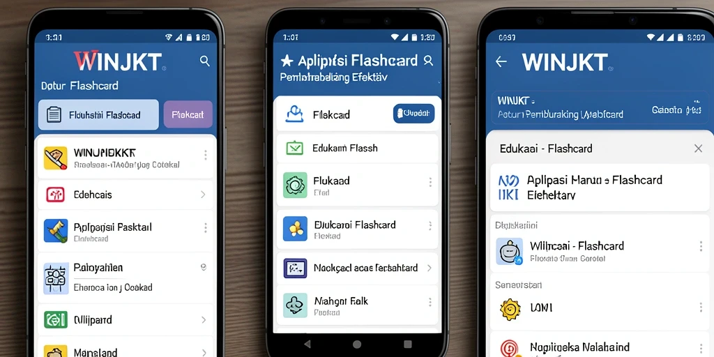 Screenshot antarmuka aplikasi Flashcard WINJKT yang interaktif.